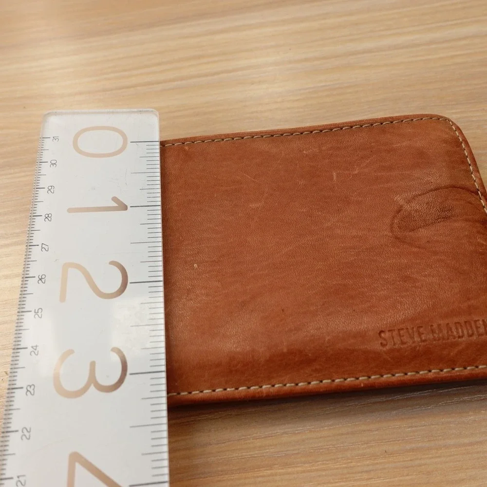 Genuine Leather Bifold Wallet Mens Tan Brown STEVE MADDEN Slim Flip ID
